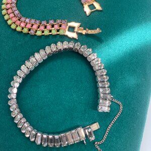 Bundle of 2 Vintage Rhinestone Bracelets – Silver Clear + Pastel Multicolor